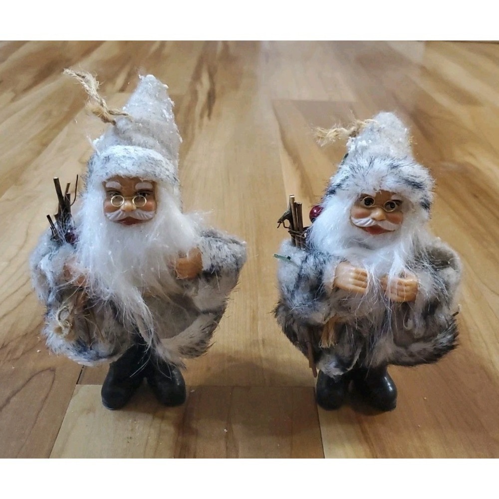 Christmas Faux Fur‎ Snowy Santa Claus Ornament Lot Of 2